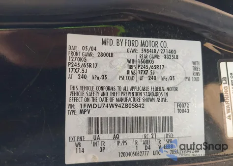 2004 Ford Explorer Eddie Bauer from USA, damaged, VIN 1FMDU74W94ZB05842